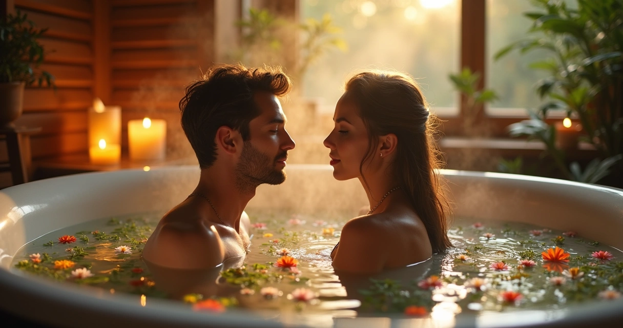 Casal tomando banho energético lado a lado, ambiente calmo e iluminado