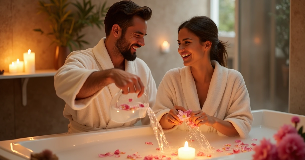 Casal feliz realizando banho energético juntos 