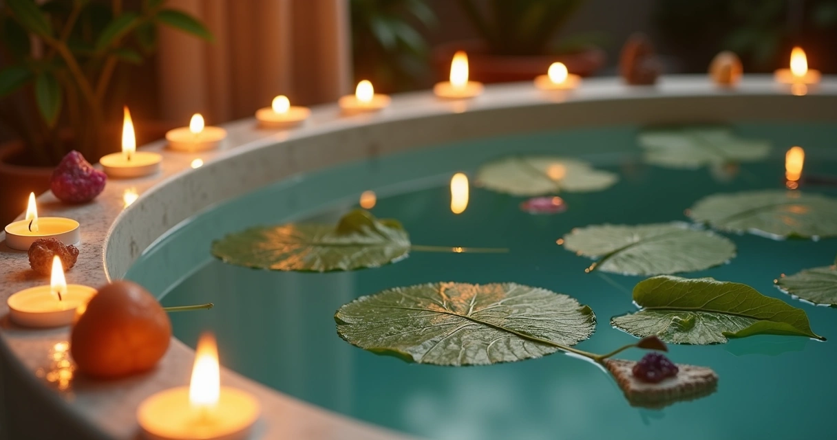 Banho de ervas com velas e cristais ao lado de chakras desenhados 