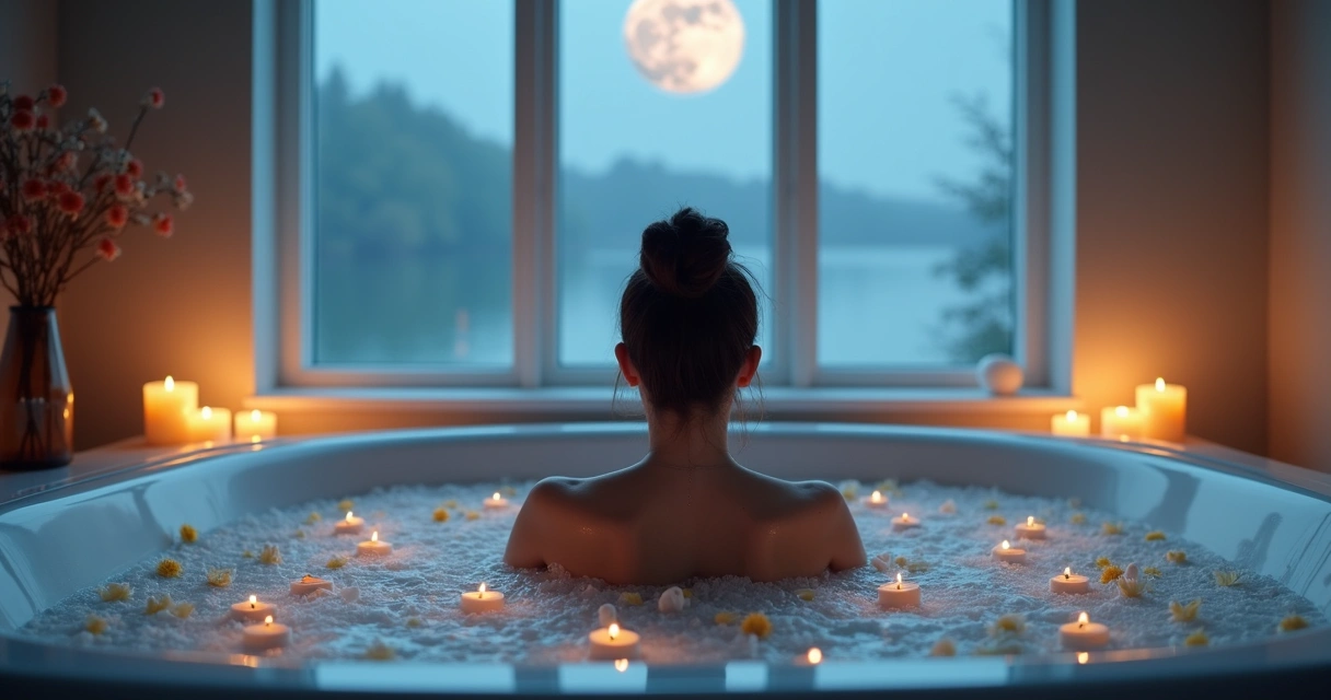 Banho energético feminino com pétalas e velas ao redor em ambiente suave 