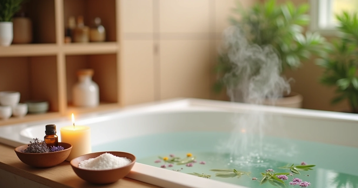 Banheiro tranquilo com banheira cheia de ervas, sal, óleos essenciais e vela acesa, criando um ambiente relaxante.