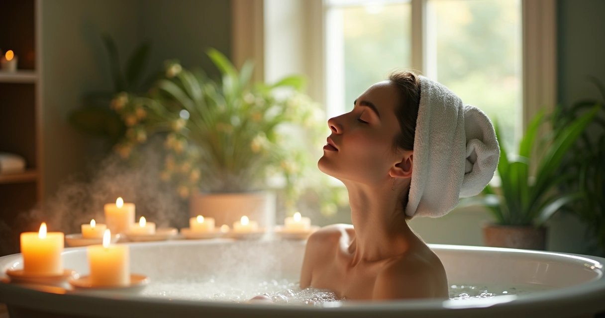 Mulher relaxando após banho de ervas em ambiente suave