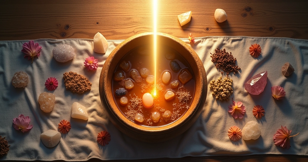 Mesa com cristais, banho de ervas e luz dourada ao fundo 