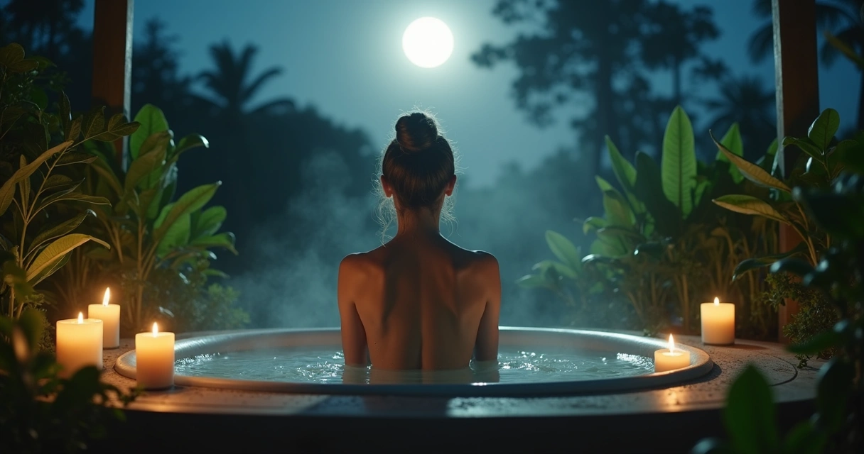 Banho energético à luz da Lua com velas e plantas em volta