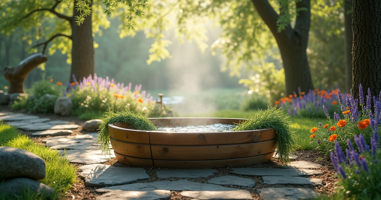 Banho energético em um ambiente natural com banheira de madeira, ervas e flores em um cenário tranquilo.