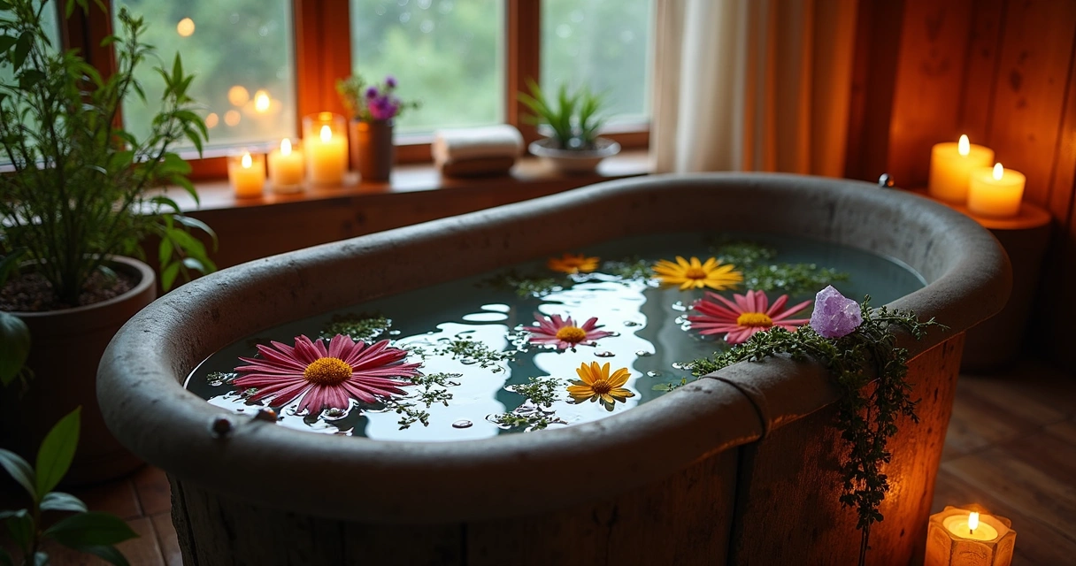 Banheira com ervas aromáticas e flores flutuando, ambiente acolhedor com velas acesas