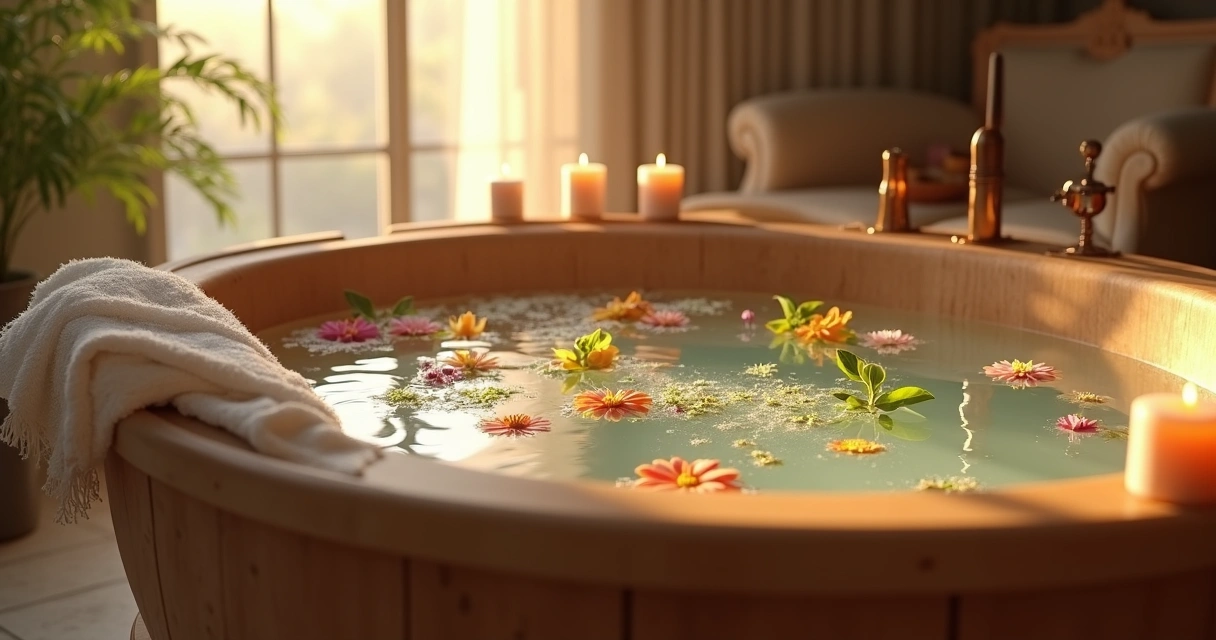 Banheira com água morna, ervas e flores flutuando 