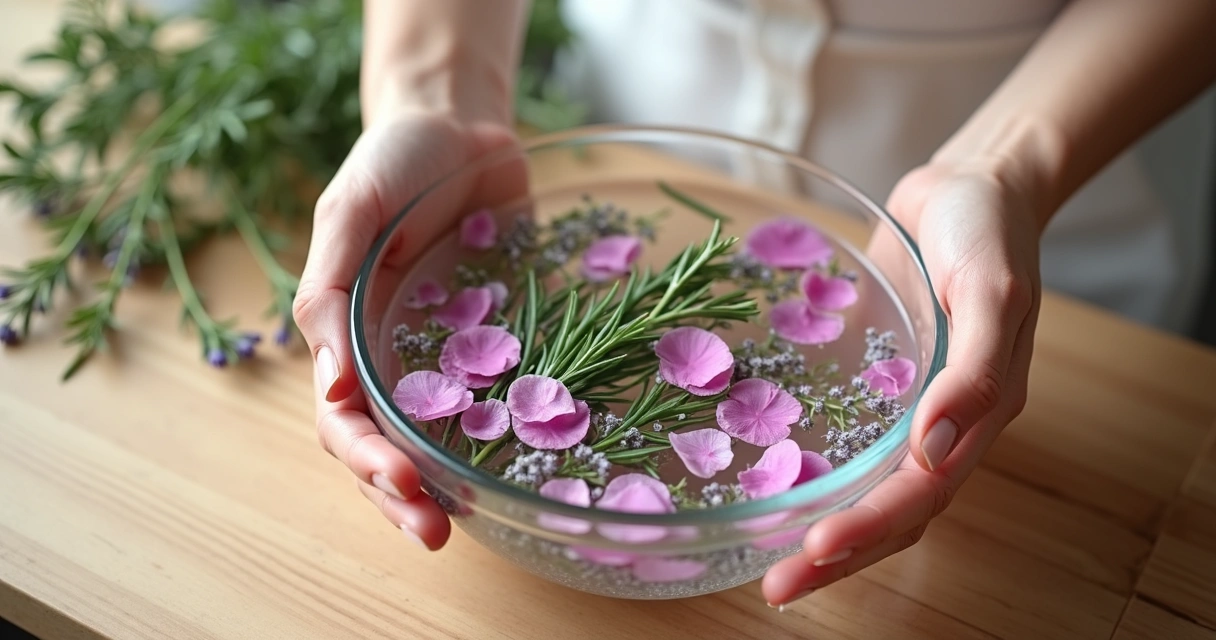 Banho de ervas preparado em tigela de vidro com flores e folhas, luz natural suave 