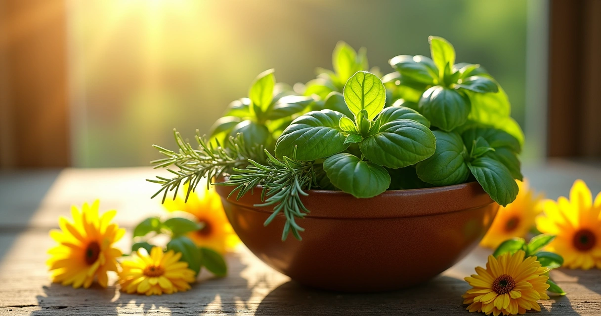 Ervas frescas em tigela com pétalas amarelas e luz dourada ao fundo. 