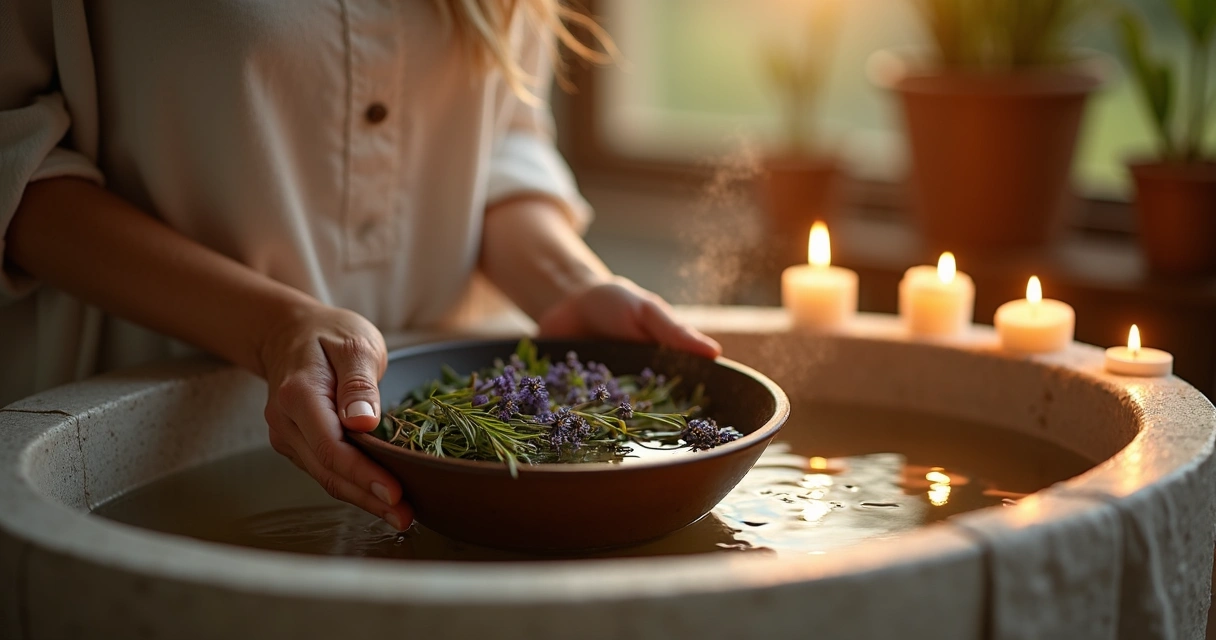 Banho energético sendo preparado com ervas e luz suave