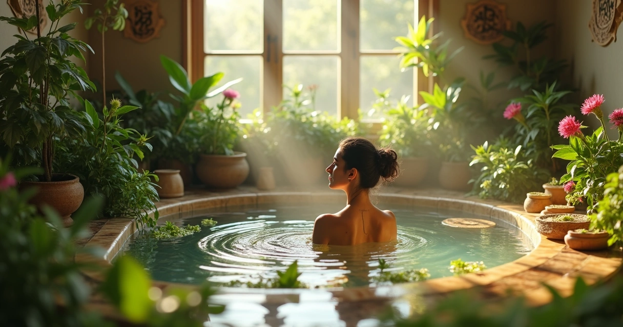 Pessoa relaxando em um banho com ervas e flores, transmitindo paz e limpeza espiritual 