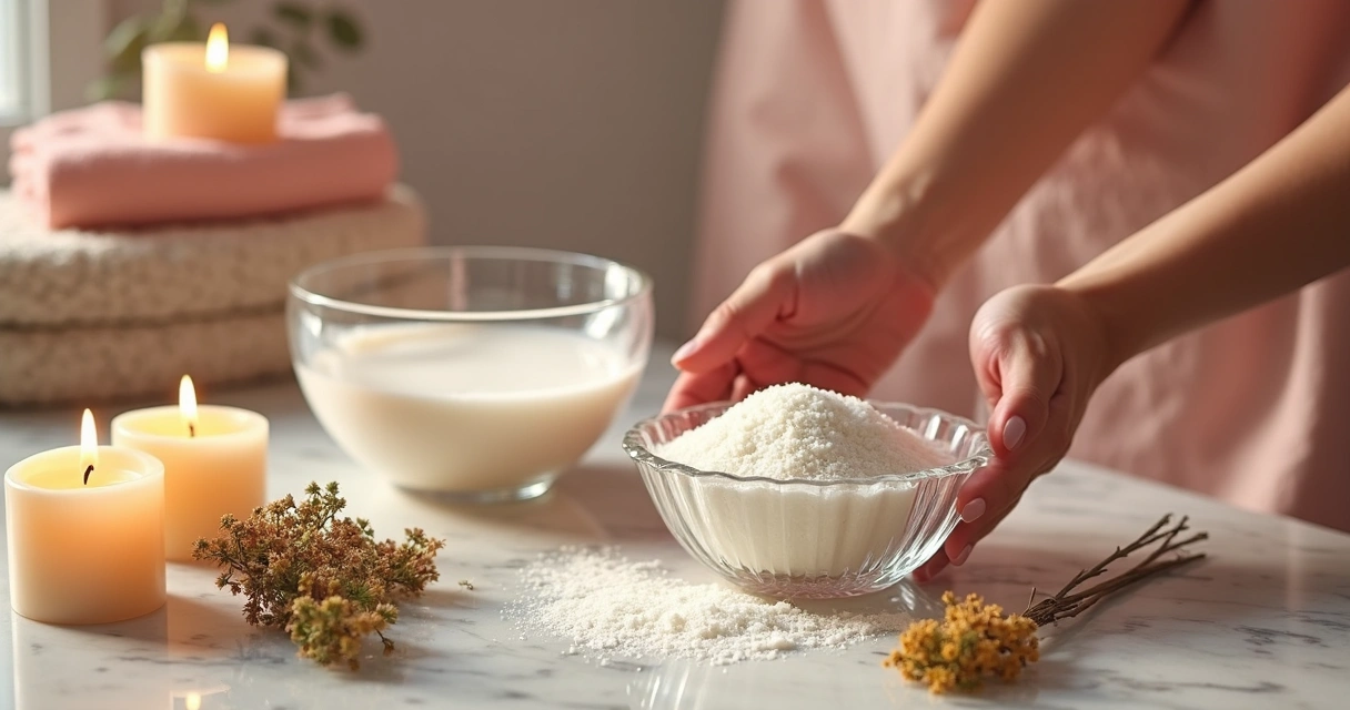 Banho energético com ervas naturais, sal grosso e velas ao redor 