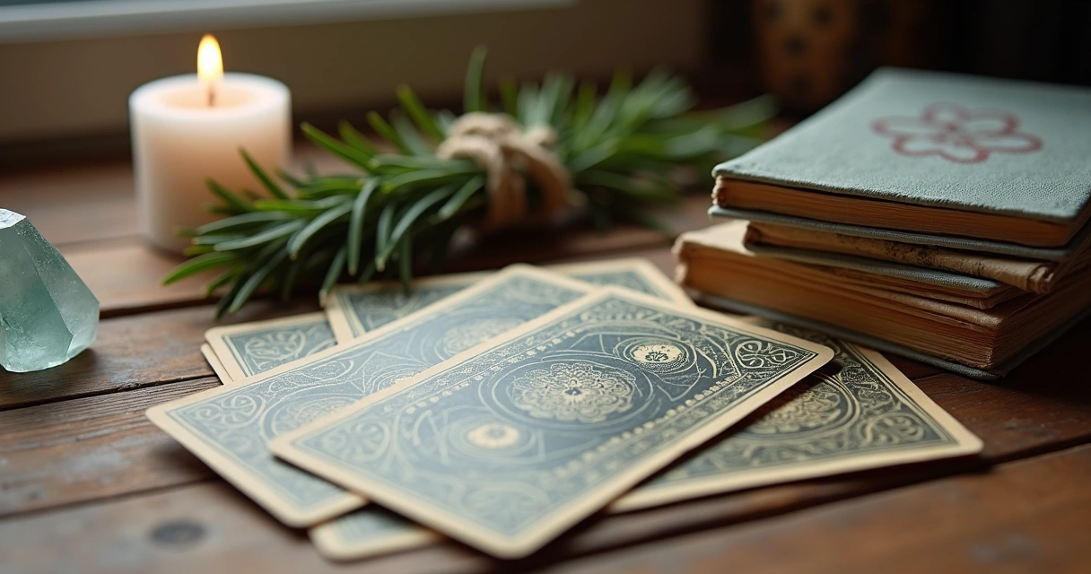 Mesa com cartas de tarot, vela branca, ramo de alecrim e cristal para ritual de foco nos estudos 