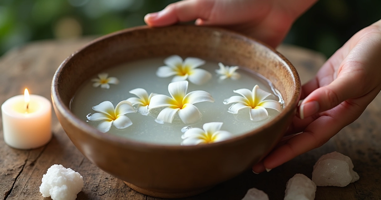 Banho energético com flores brancas, vela acesa e ambiente relaxante 