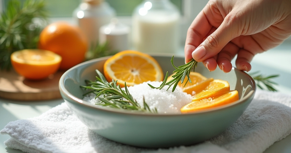 Banho energético com folhas de alecrim, sal grosso e laranja em uma bacia 