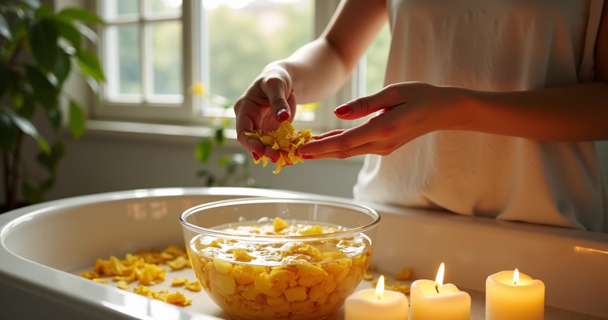 Mulher preparando banho energético com louro e pétalas de rosa amarela 