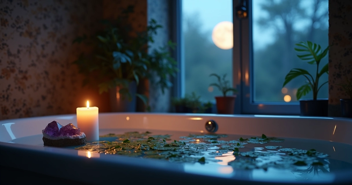 Ritual de banho energético com cristais e vela sob a luz da lua 