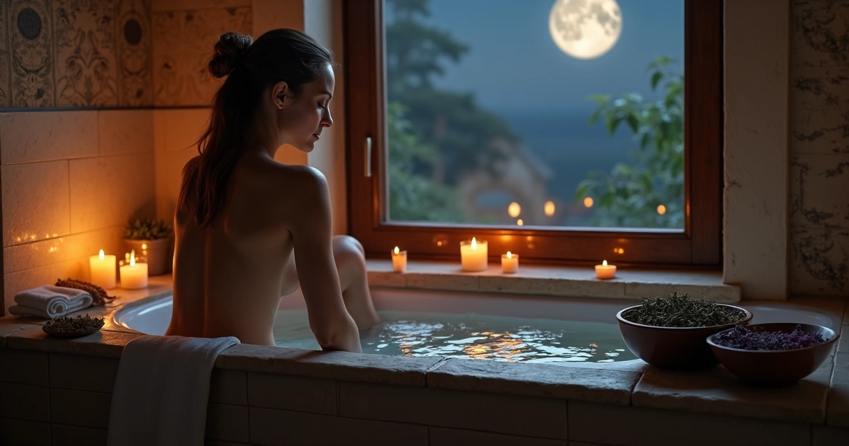 Pessoa preparando um banho energético com ervas, luz suave e lua no céu 