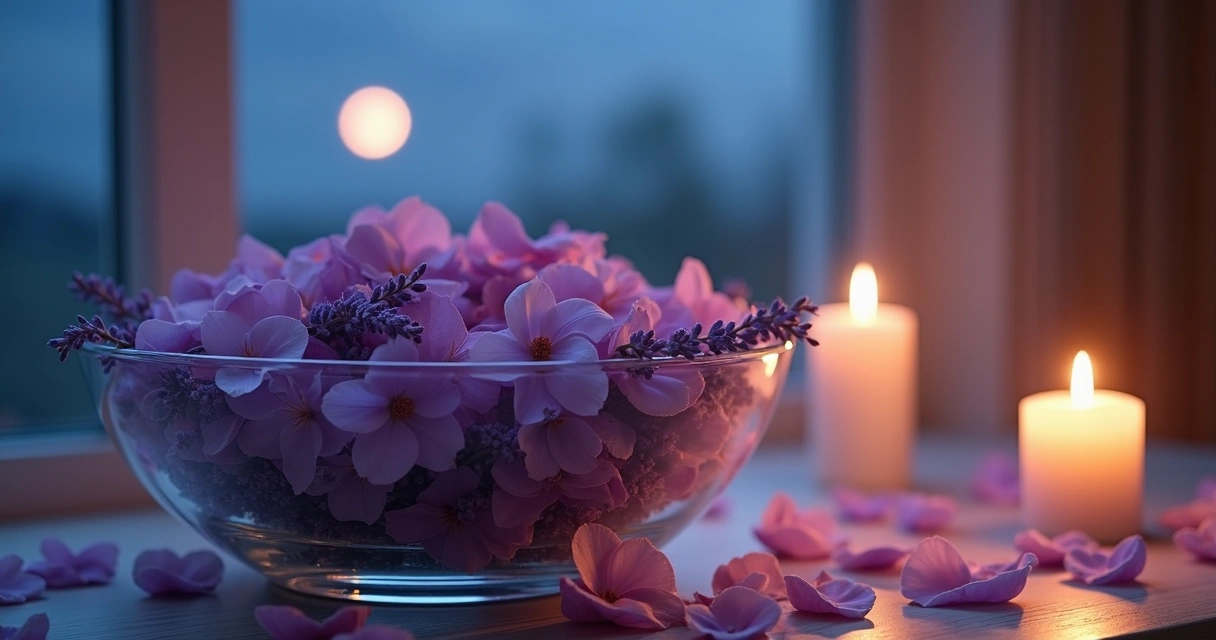 Banho energético com pétalas sob luz suave de lua nova