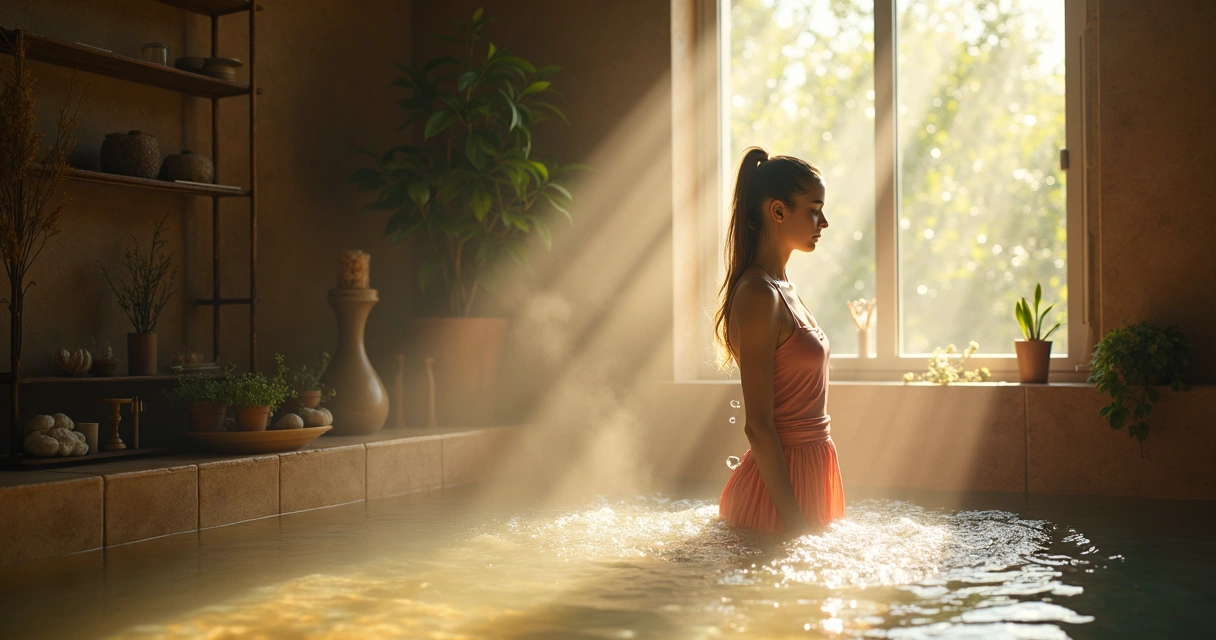 Mulher tomando banho energético pela manhã com raios de sol entrando pela janela 