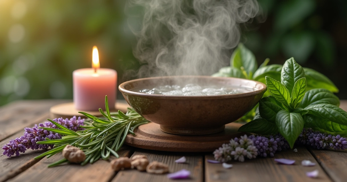 Mistura de ervas frescas em bacia de cerâmica, luz suave, representando ritual de banho energético para menstruação. 
