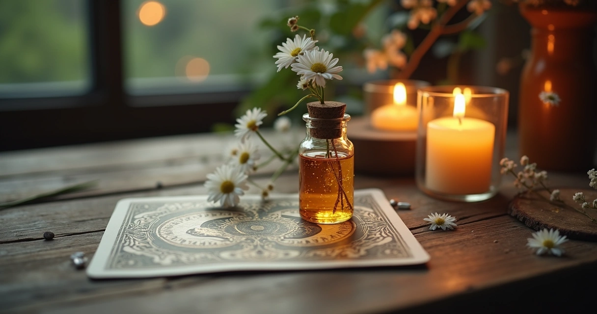 Banho energético em frasco ao lado de cartas ciganas e flores brancas.