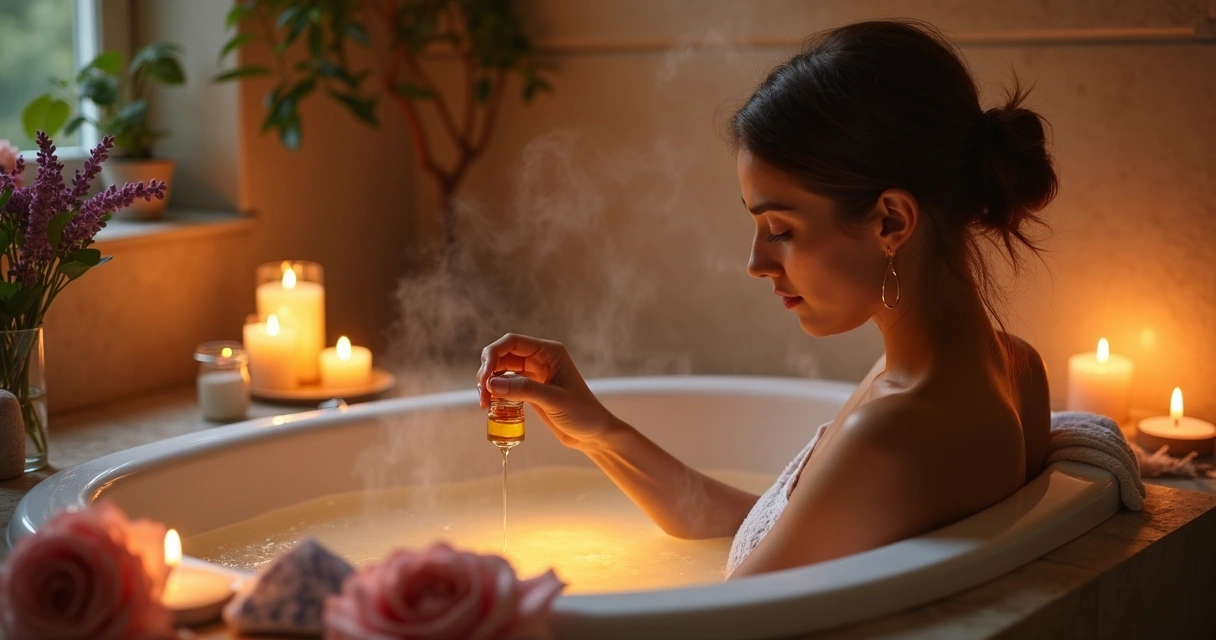 Mulher contemplando gotas de óleo em banho aromático rodeada por velas acesas e flores. 