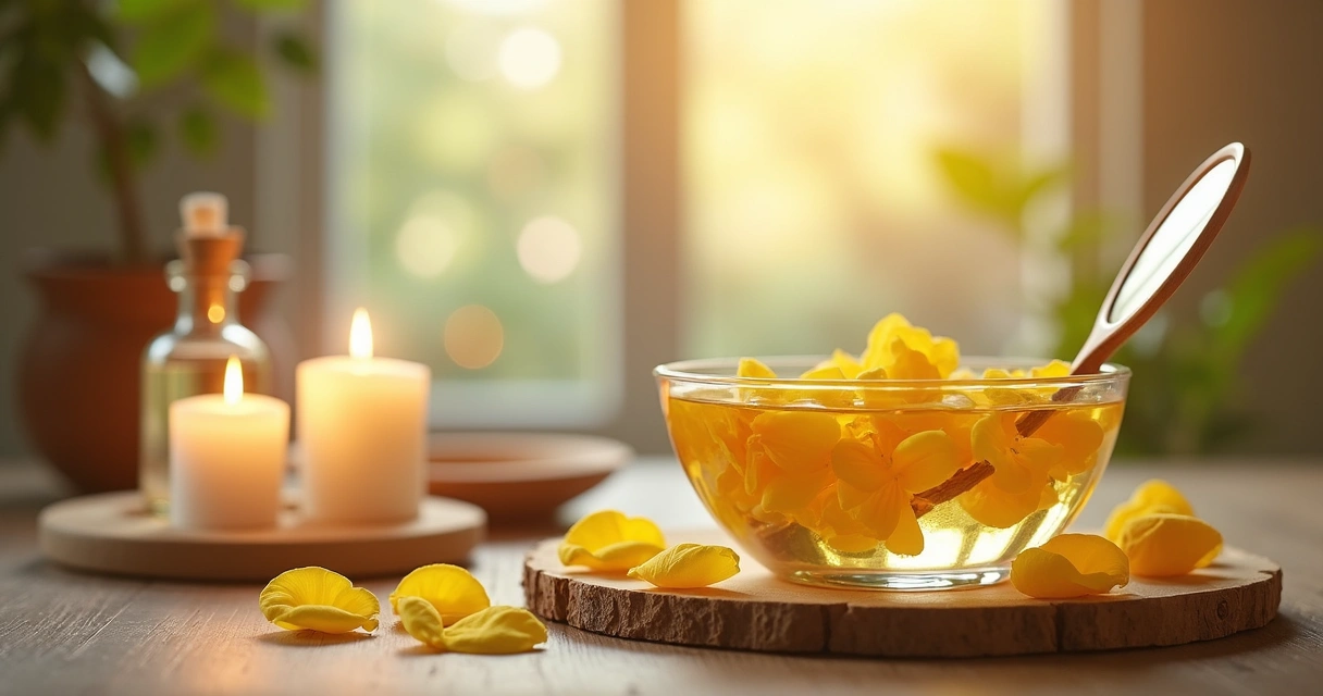 Banho com pétalas de rosa amarela, espelho, perfume e velas claras.