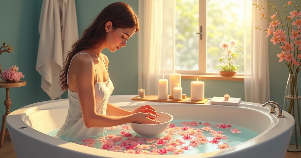 Banho energético com pétalas coloridas e vela acesa em ambiente relaxante