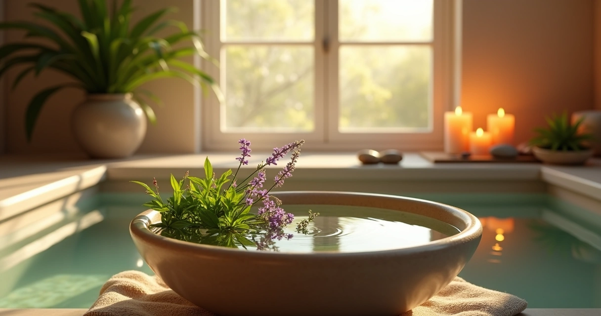 Banho de ervas com luz natural em ambiente calmo