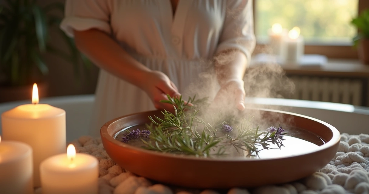 Pessoa preparando banho energético em ambiente tranquilo 