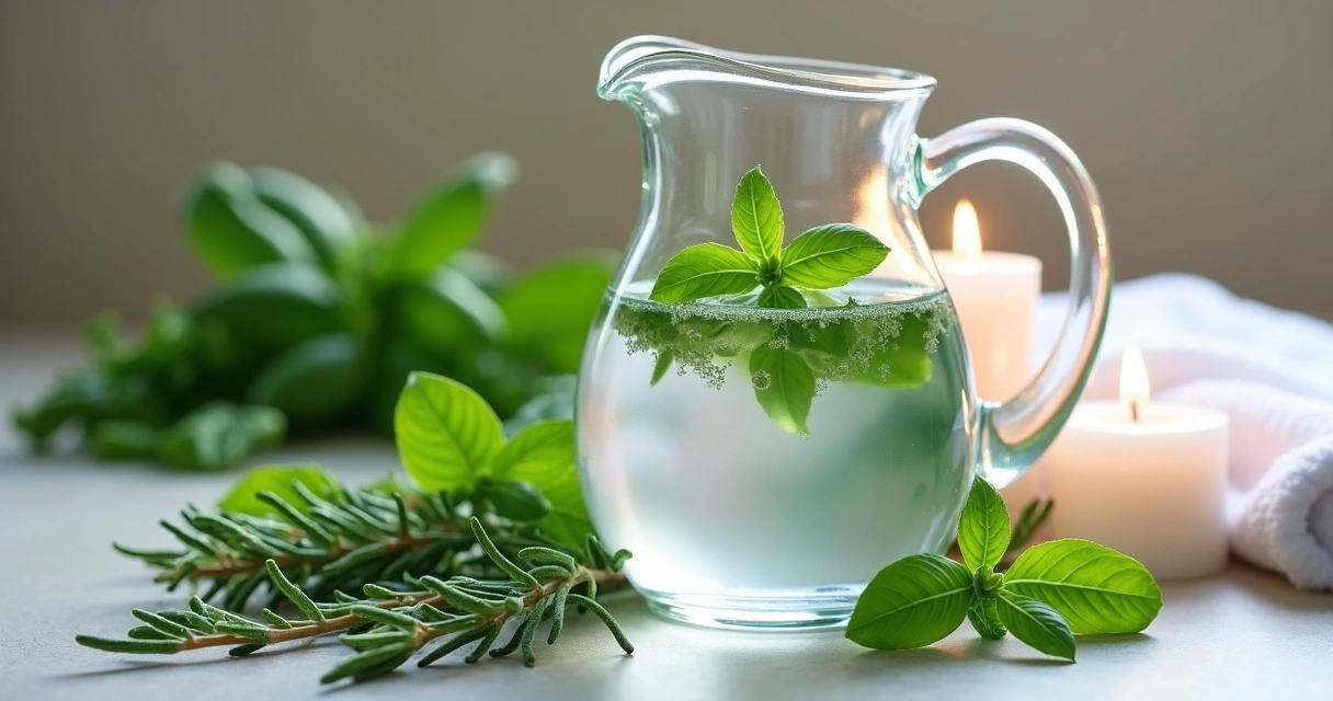 Banho energético de ervas, jarra com água e folhas verdes ao lado de velas brancas 