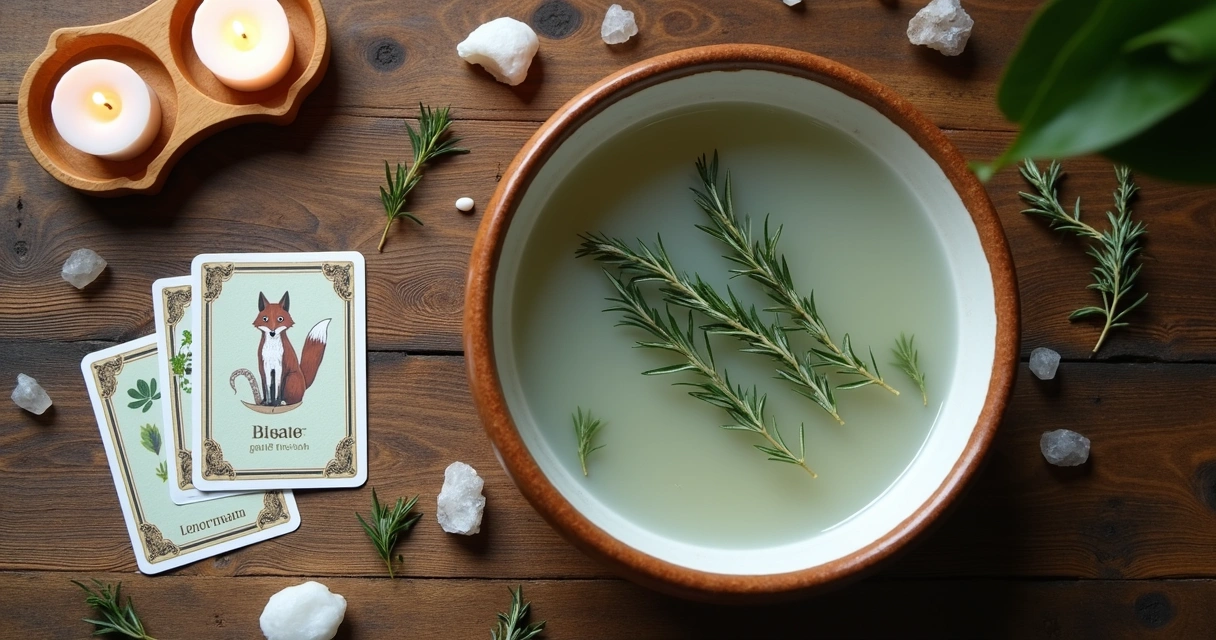 Banho energético com ervas ao lado de cartas de baralho cigano 