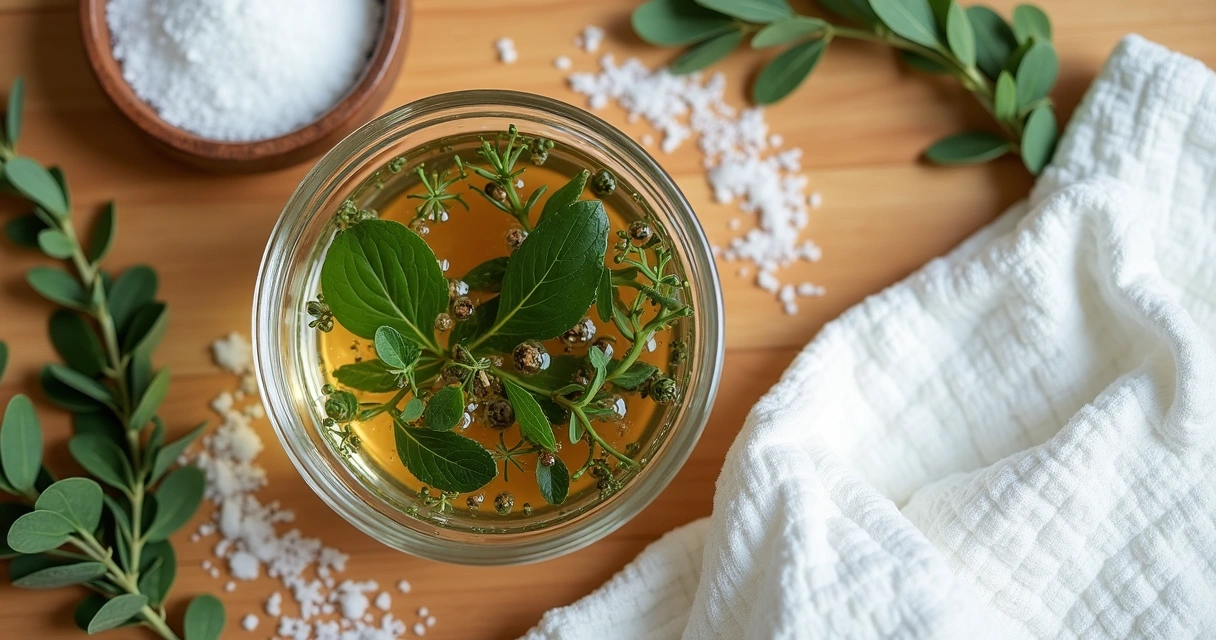 Banho ritualístico com plantas em água morna sobre mesa de madeira clara