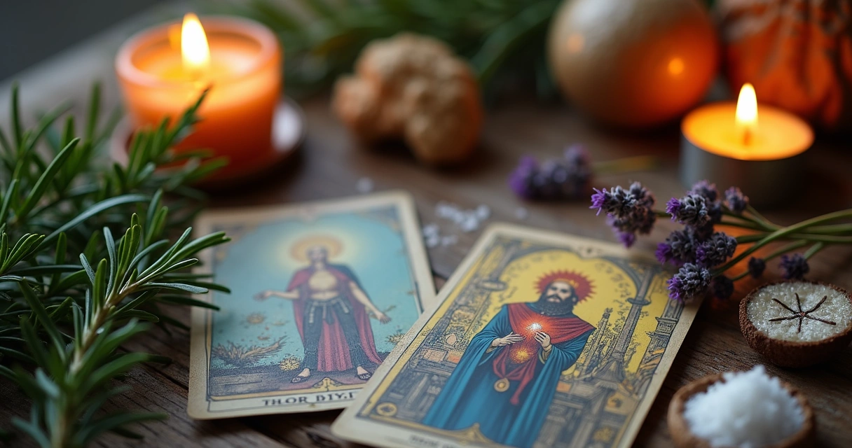 Banho energético com ramos, sal grosso e lavanda ao lado de cartas de tarot 