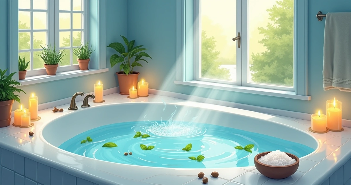 Banho energético com banheira, sal grosso, azeite de oliva e manjericão, em um ambiente sereno.