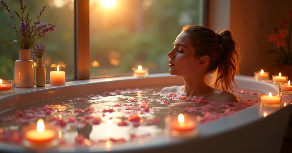 Banheira iluminada com velas, pessoa relaxando, ervas aromáticas e pétalas de rosa, com vista para a natureza.