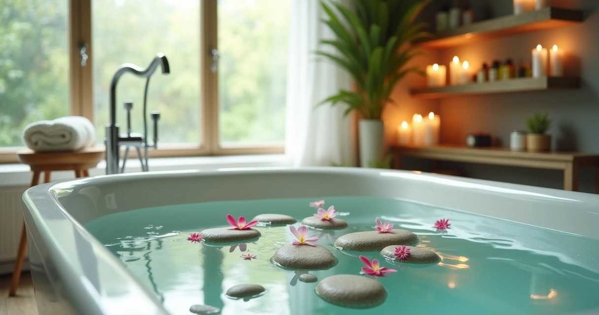 Banheira tranquila com água clara, pedras e flores, iluminada por luz natural suave, criando um ambiente relaxante.