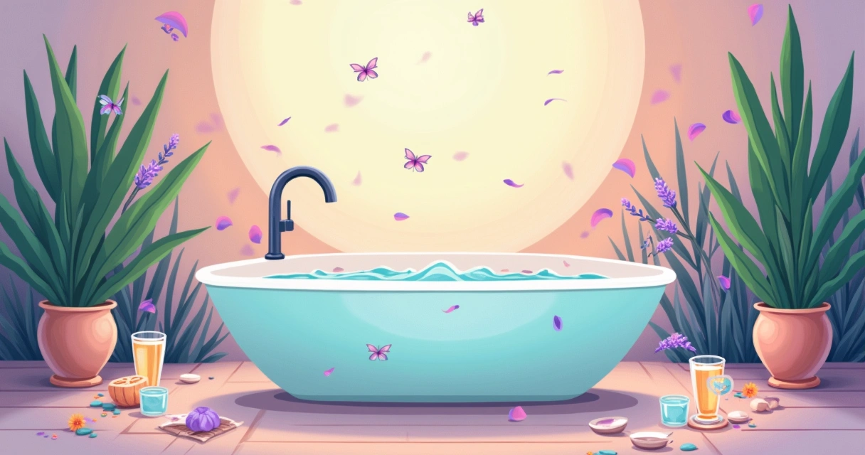 Ilustração de um banheiro relaxante com banheira cheia de água, alecrim e lavanda, criando um ambiente de autocuidado.