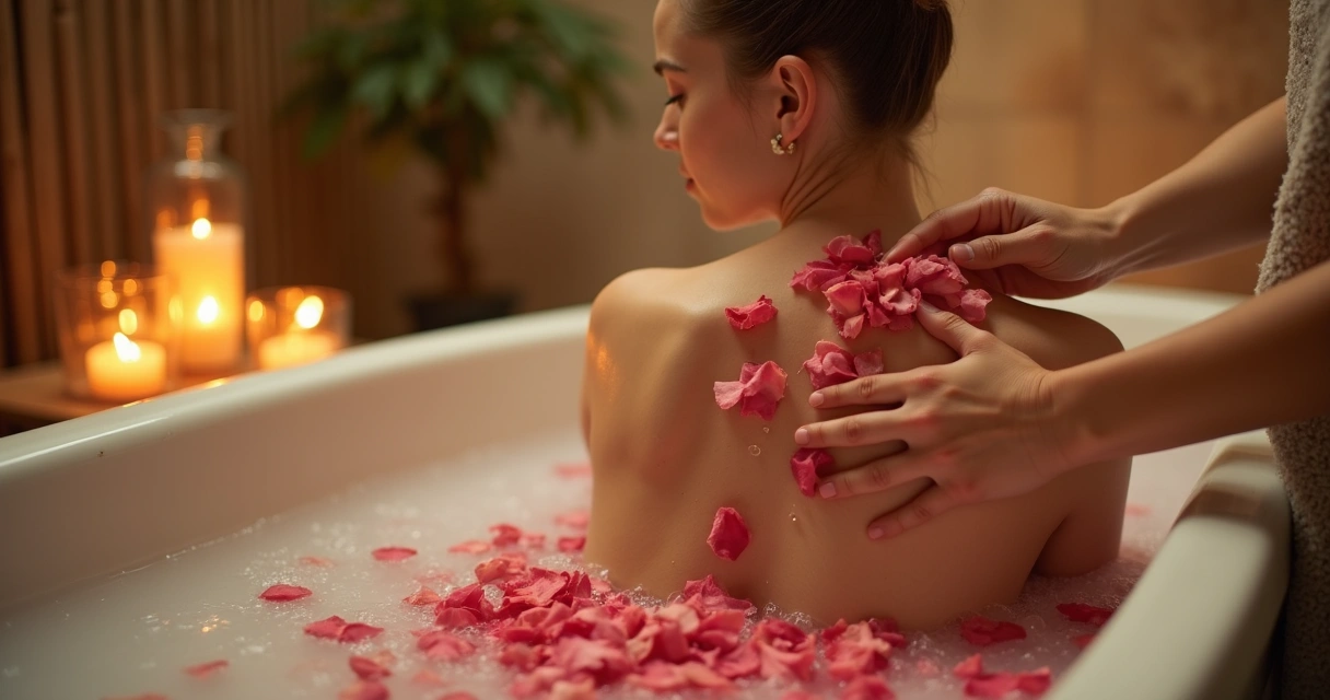 Pessoa se banhando com água e pétalas de rosa
