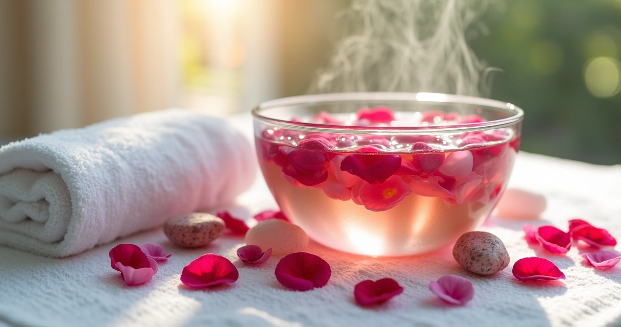 Banho energético com flores e cristais sobre toalha branca 