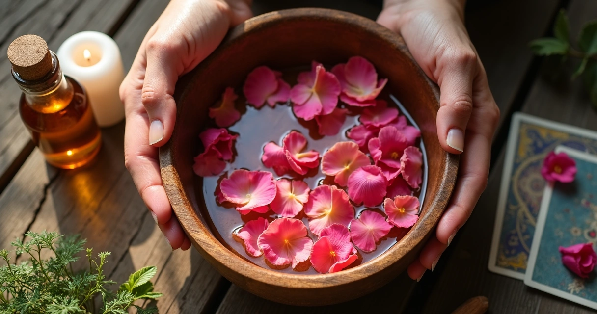 Banho energético com pétalas de rosas flutuando em água clara 