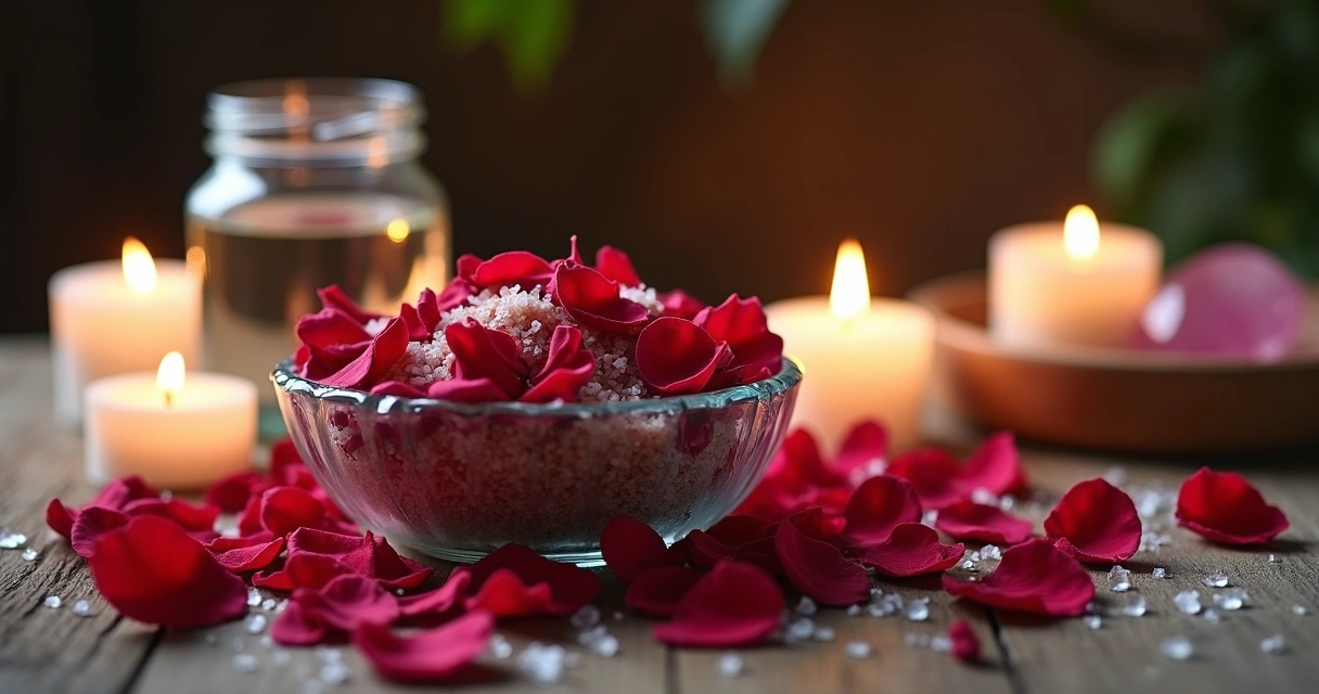 Ingredientes de banho com pétalas de rosas vermelhas em pote de vidro ao lado de sal grosso 