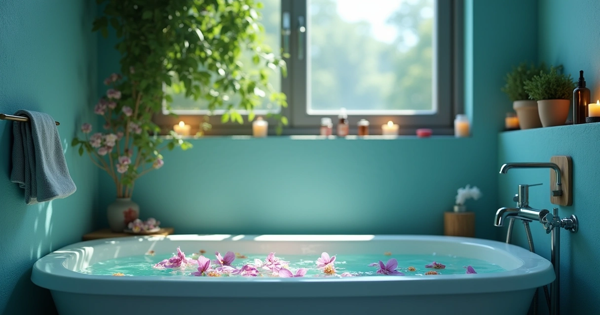 Banheiro relaxante com banheira cheia de pétalas, óleos essenciais e velas para banhos energéticos.