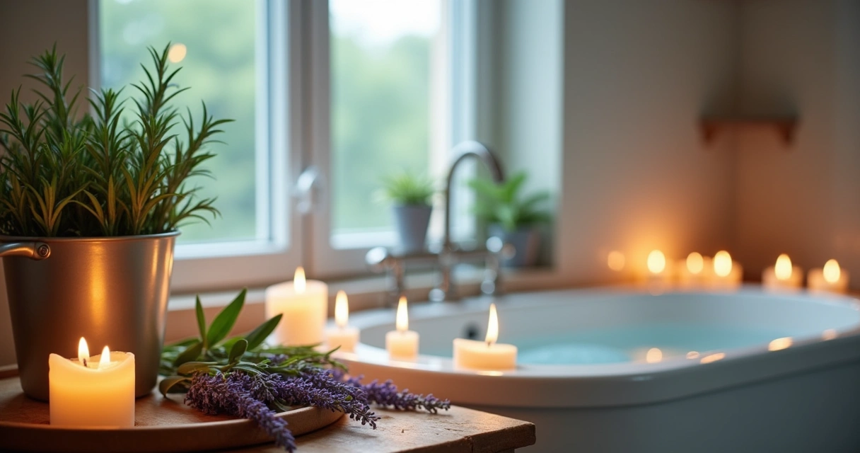 Banheira decorada com ervas, velas e luz suave, criando um ambiente acolhedor para um banho energizante.