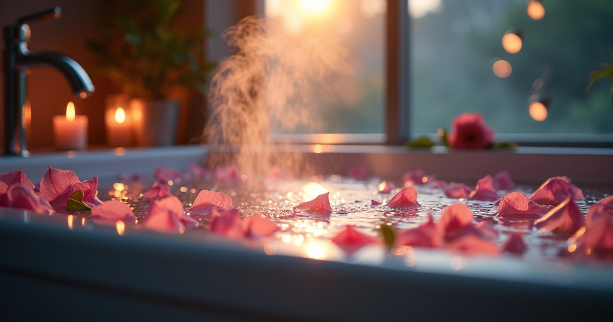 Banheira com pétalas de rosa, velas acesas e cristais refletindo uma atmosfera de autocuidado e amor