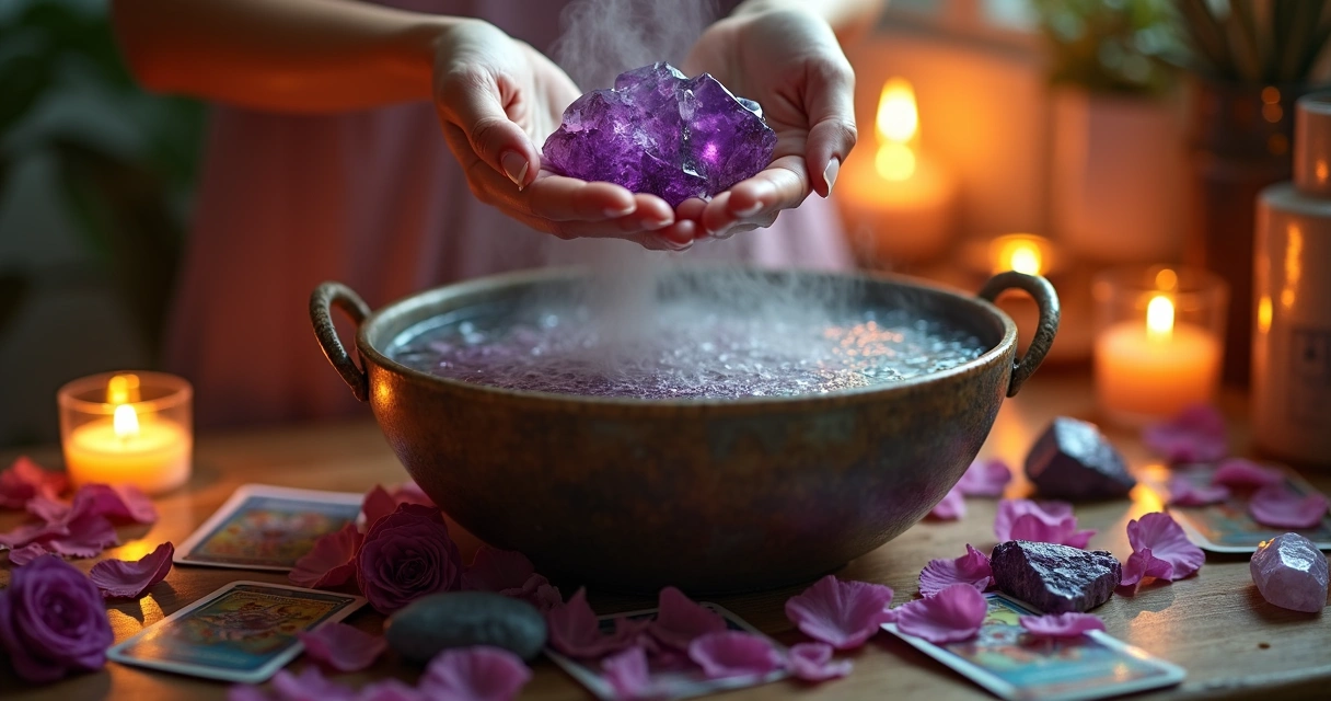 Banho energético e cartas de tarot com flores e cristais 