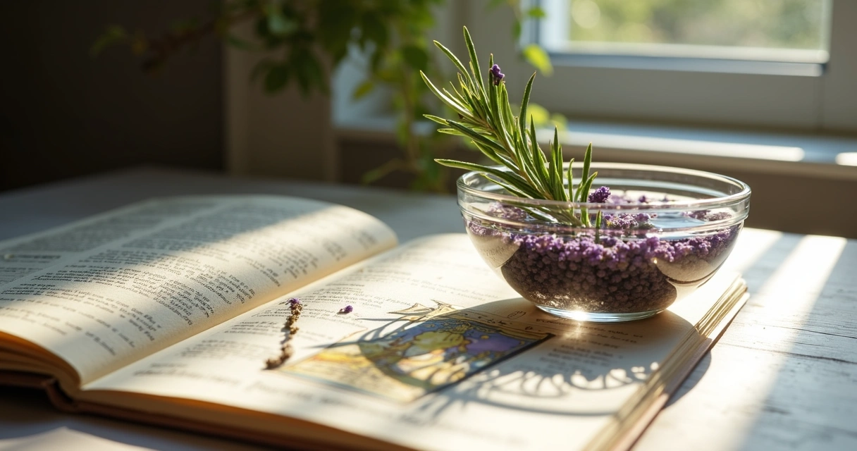 Banho energético de ervas ao lado de cartas de tarot e caderno 