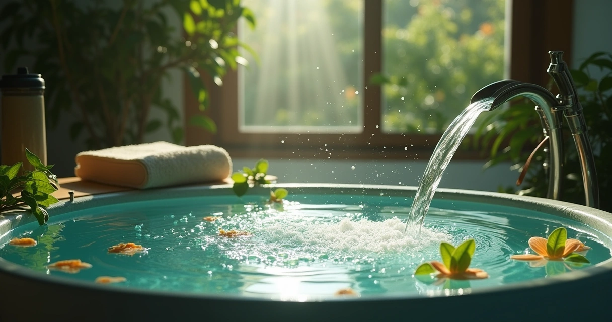 Cenário de banheiro com banheira cheia de água, ervas naturais e luz de velas criando atmosfera relaxante.