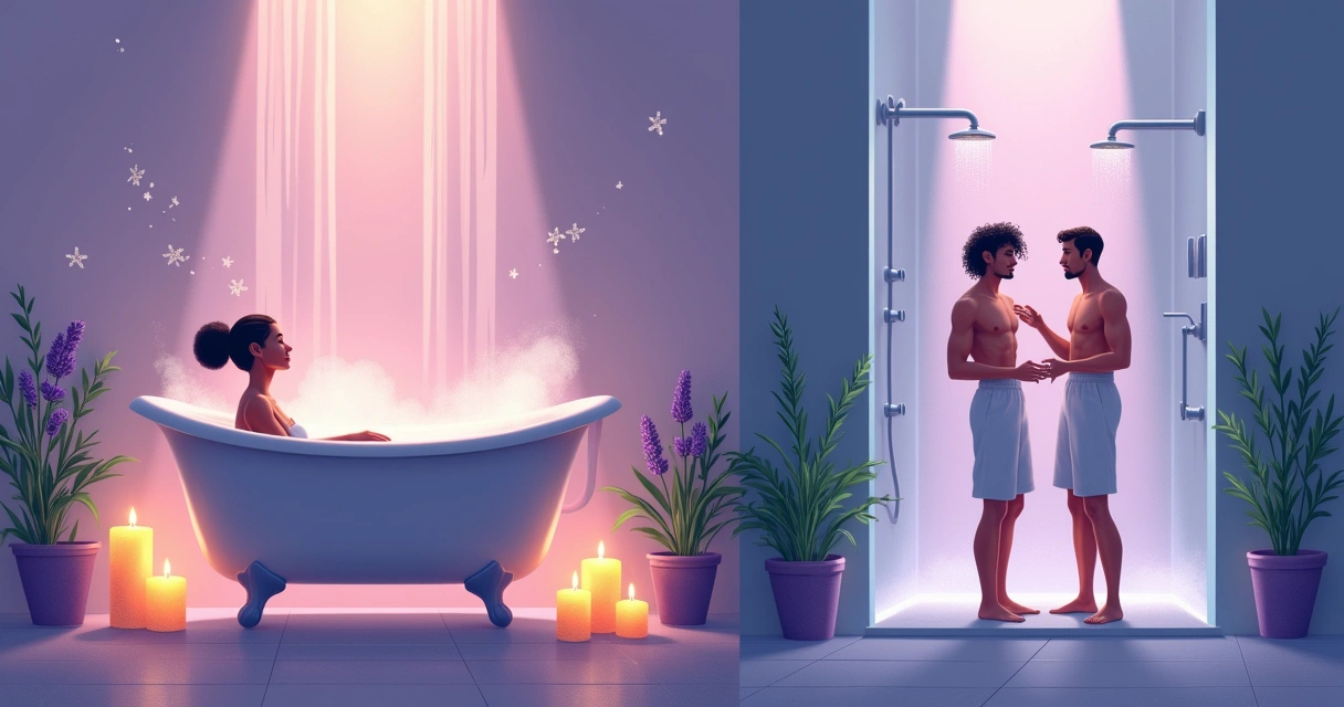 Ilustração de um banheiro sereno com mulher relaxando em banho de lavanda e homem desfrutando de chuveiro com alecrim.